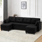 ACMEASE110“ U-Shaped Pull Out Sofa Bed w/Storage Chaise & Adjustable Back, Chenille Sectional Sofa w/USB Port,Tufted Sleeper Couch w/Cup Holders for Living Room, Black