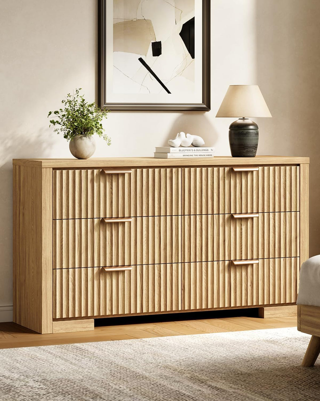 Fluted 6 Drawer Dresser for Bedroom, 54" Wide Chest of Drawers with Metal Handle, Modern Storage Dressers Organizer for Living Room, Hallway, Natural Oak