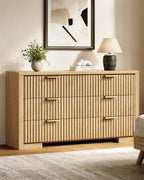 Fluted 6 Drawer Dresser for Bedroom, 54" Wide Chest of Drawers with Metal Handle, Modern Storage Dressers Organizer for Living Room, Hallway, Natural Oak