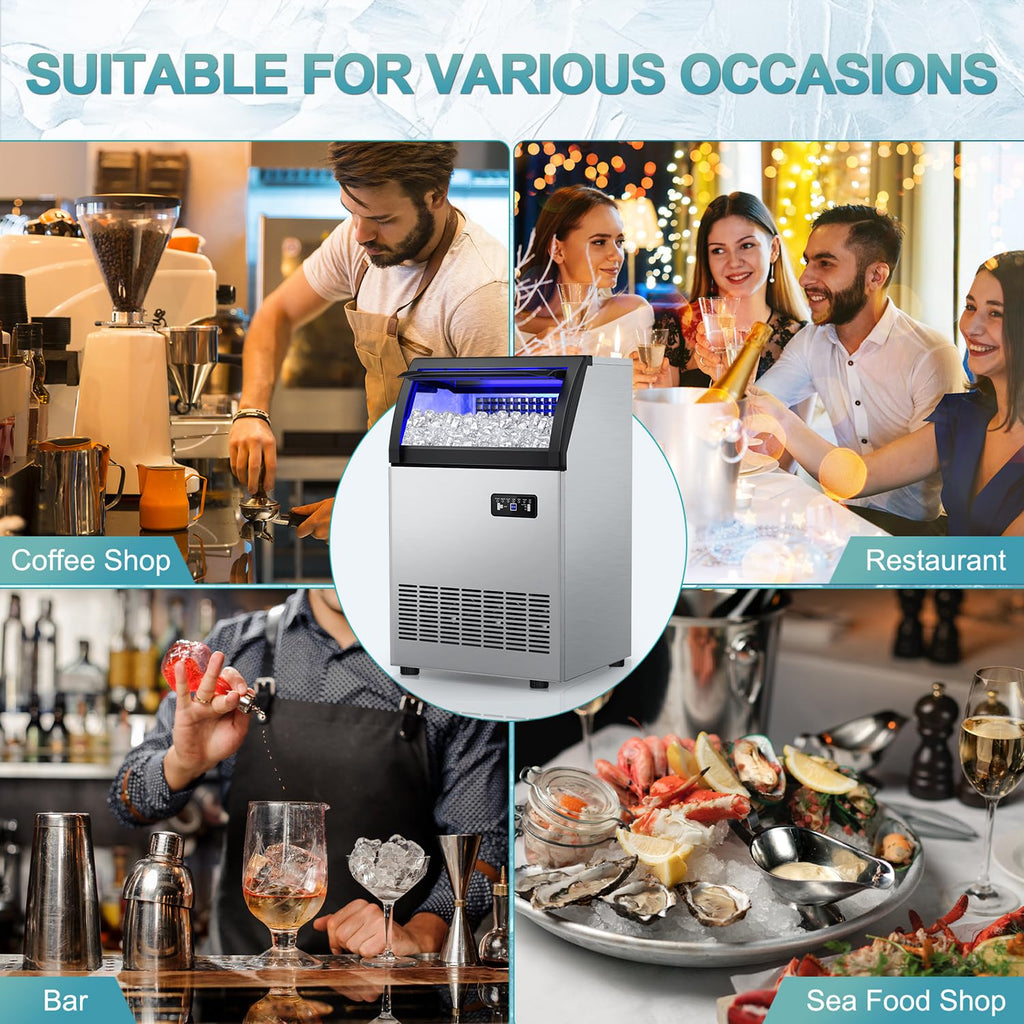 Commercial Ice Maker Machine 250 Lbs/24H, 35 Lbs Ice Bin, Undercounter Ice Maker Stainless Steel, 72 Ice Cubes/8-15 Min, Ice Machine with Water Line and Filter, Set Ice Thickness, 24H Timer, Bar, Café