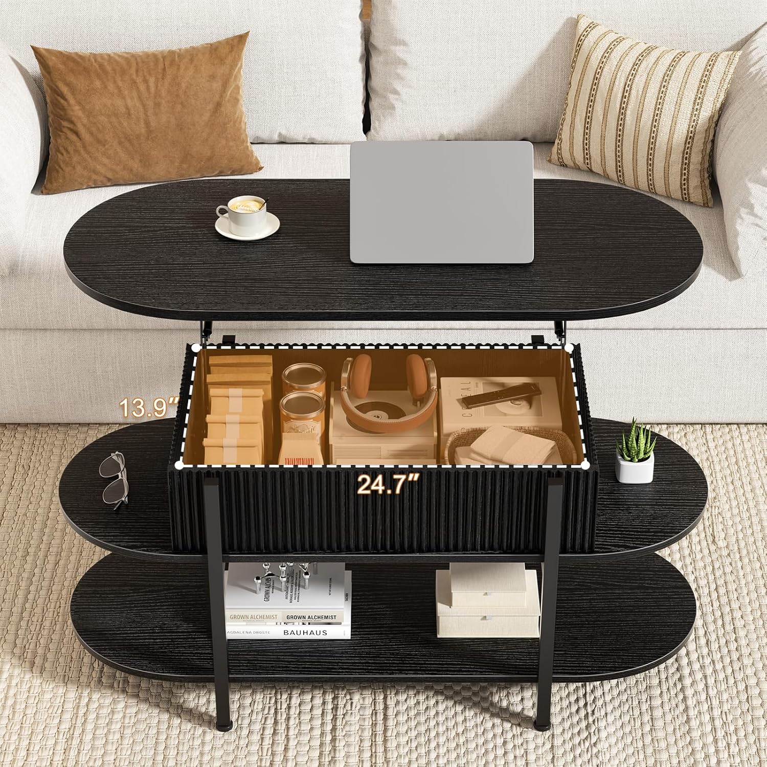 FABATO 41.7" Oval Lift Top Coffee Table, Fluted Wood Center Table with Hidden Storage, 3 Tier Small Tables with Curved Edge, Modern Narrow Coffee Table for Living Room Reception Room, Black