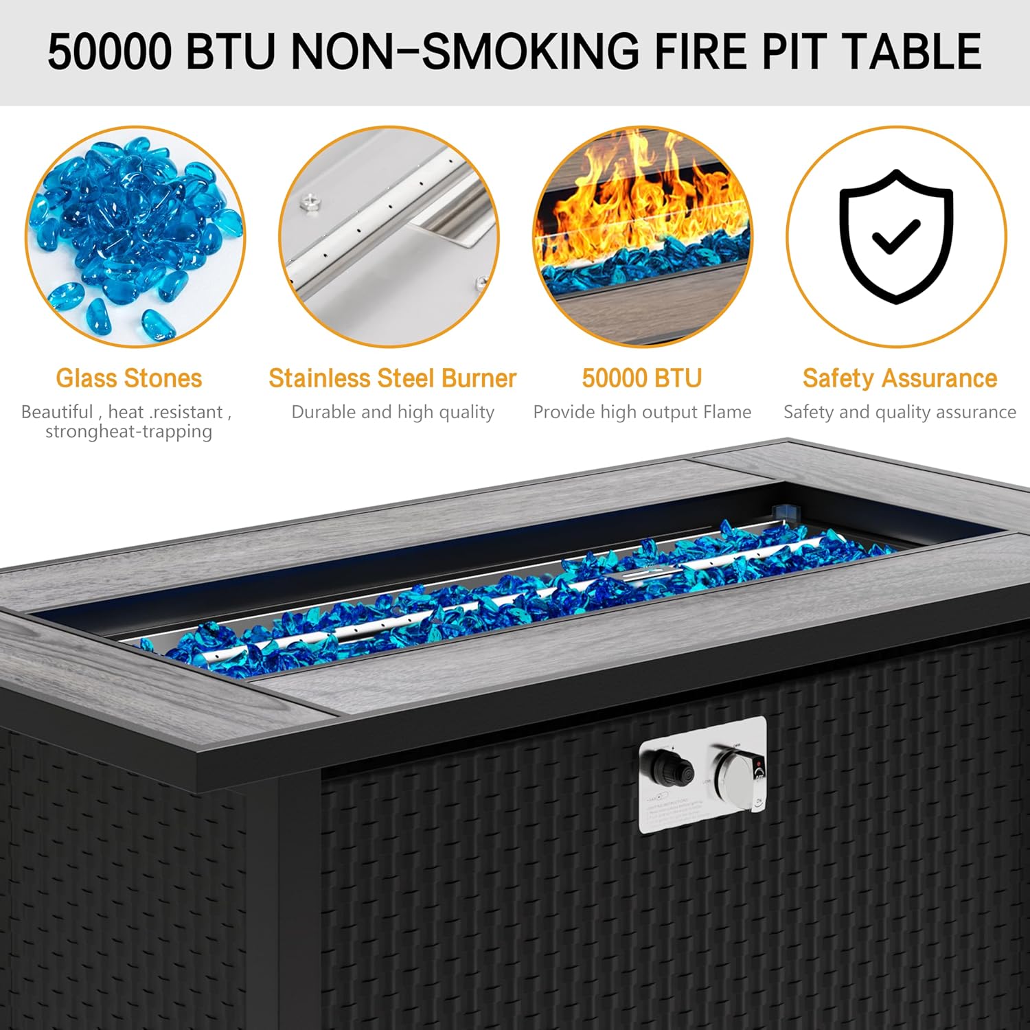 Meilocar 45in Fire Table  Propane Fire Pit with Glass Wind Guard and Rain Cover  Outdoor Firepit Table 50000 BTU 3-in-1 Fire Table for Patio/Yard/Balcony  Gray Tabletop