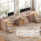 SEDETA Farmhouse 110.3" Two Person Desk with 7 Drawers, Long Computer Desk with Storage Cabinet, 2 Person Desk with Power Outlets for Home Office, Natural Oak