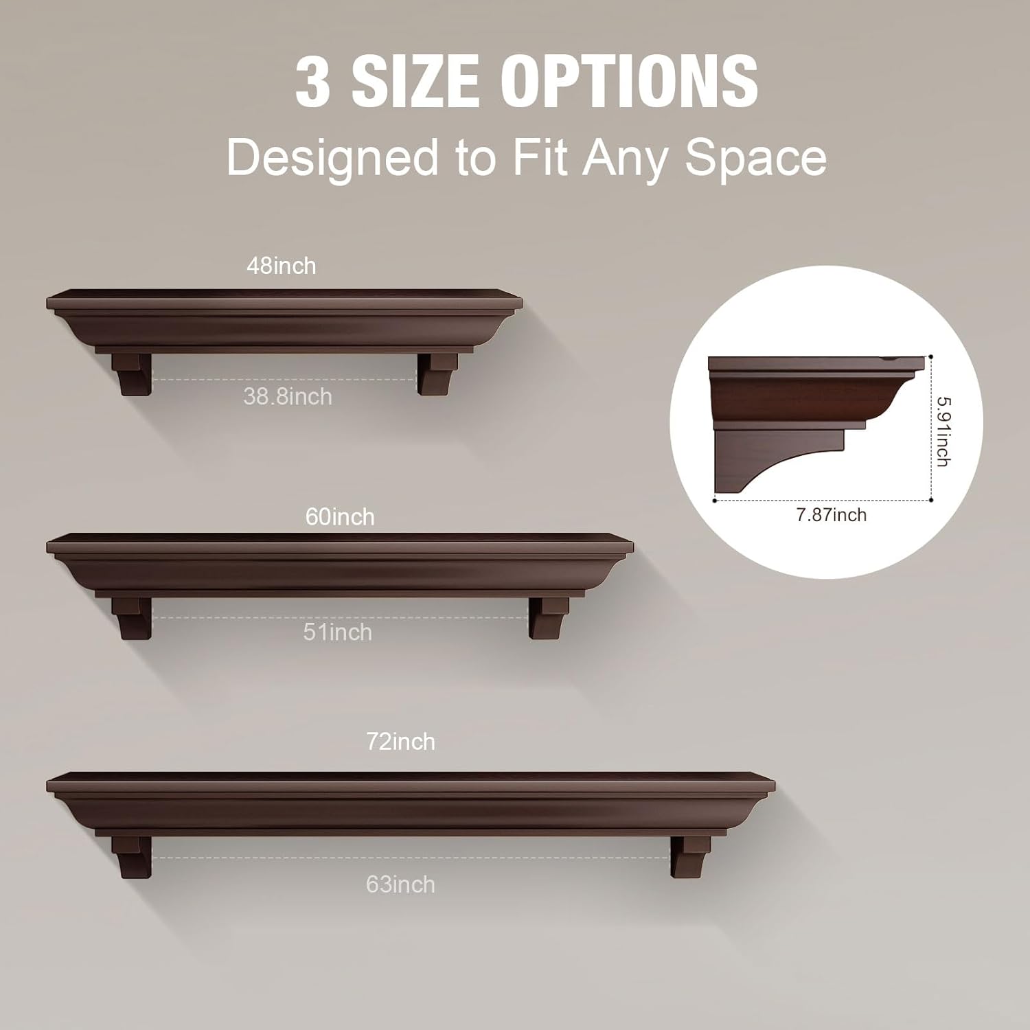 72 Inch Fireplace Mantel Shelf, Invisible Heavy Duty Bracket Floating Mantle for Over Fireplace, Wall Mounted Handcrafted Hollow Solid Wood Design, Rustic Traditional Fireplace Decor (Walnut)