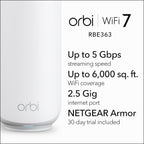 NETGEAR Orbi 360 Series Dual-Band WiFi 7 Mesh Network System for Home (RBE363) – Wireless Router + 2 Extenders  Security Features  5 Gbps  Covers 6 000 sq.ft.  70 Devices  2.5GB Internet Port  BE5000