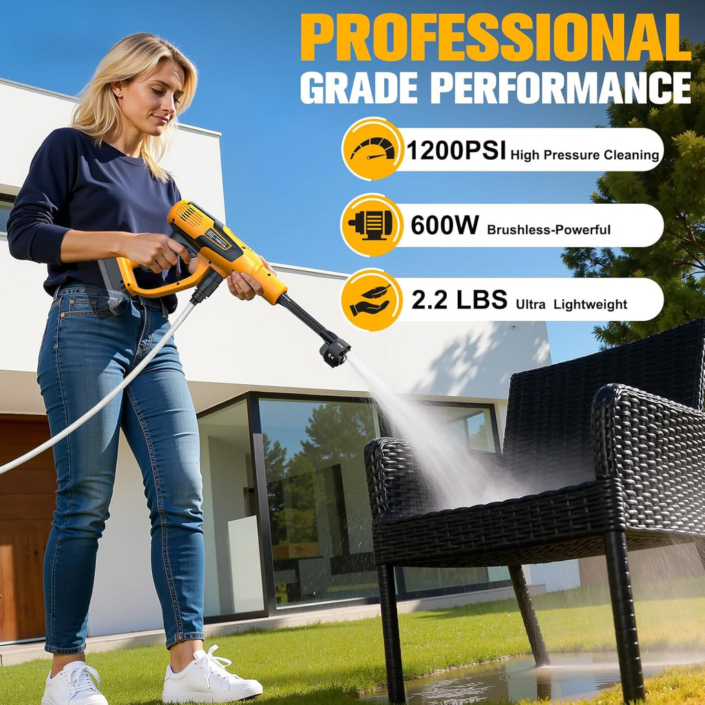 Car Cleaning Tools, 600W, Brushless Motor, 6-in-1 Nozzle & Foam Cannon for Car, Patio, Fence (Yellow)