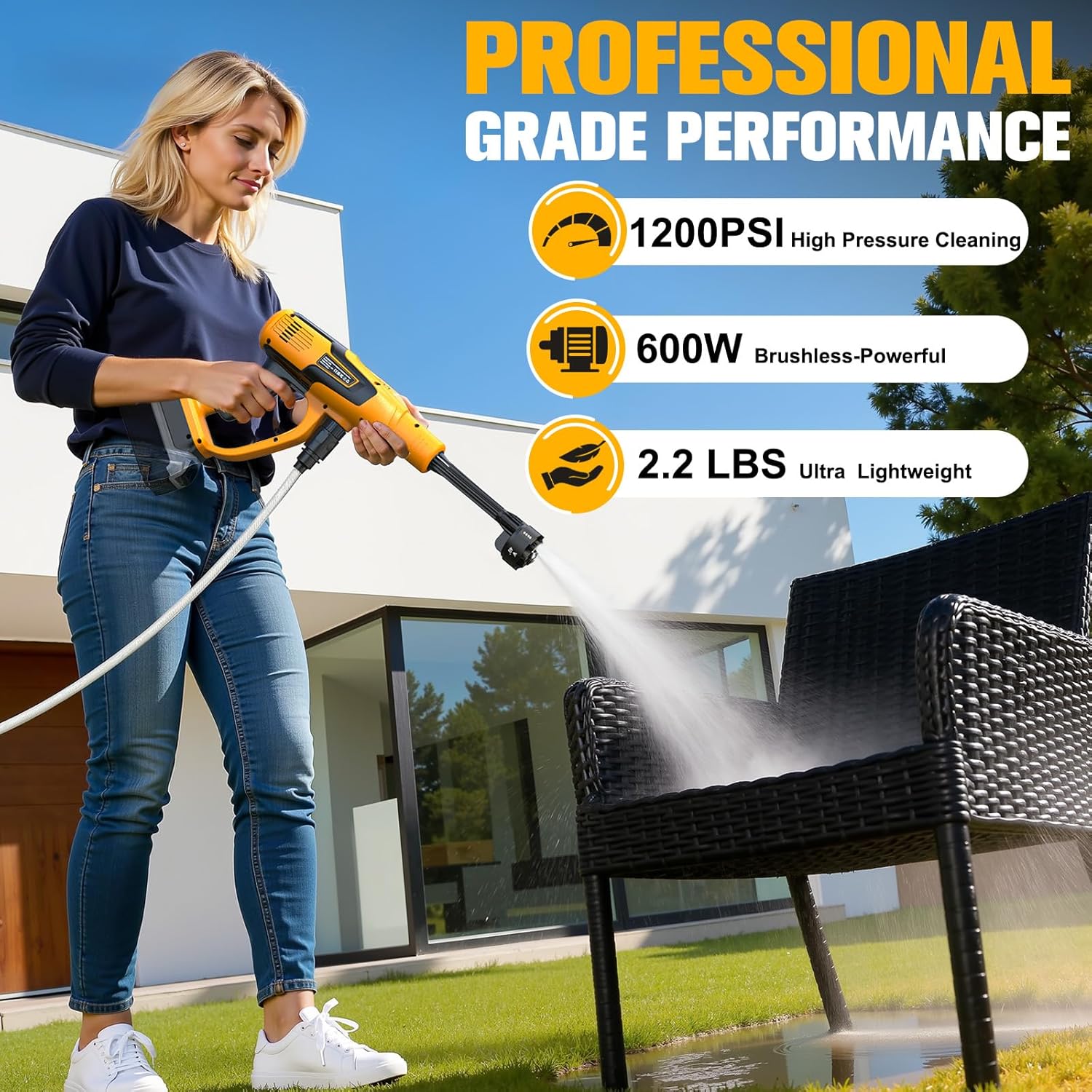 Car Cleaning Tools, 600W, Brushless Motor, 6-in-1 Nozzle & Foam Cannon for Car, Patio, Fence (Yellow)
