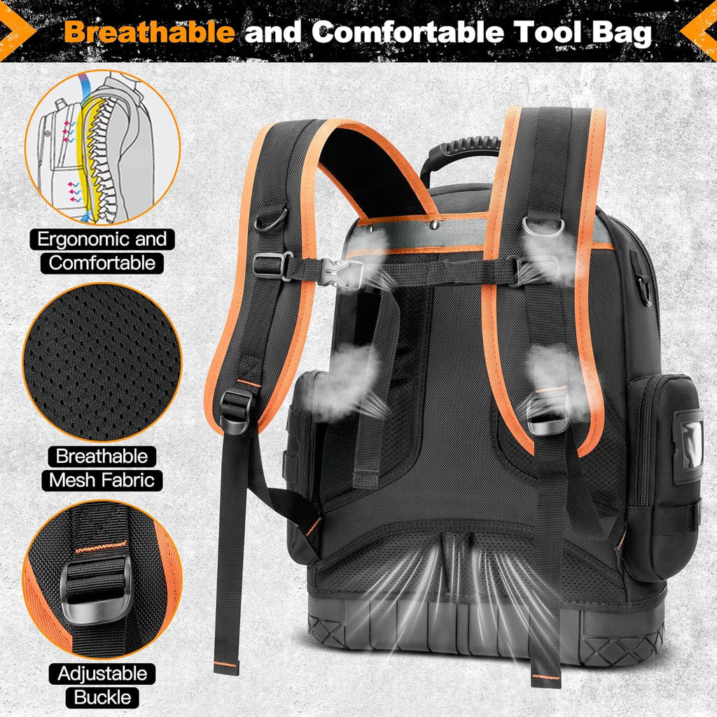 Tool Bag Backpack, 75 Pockets & Loops Heavy Duty Tools Organizer Bags/HVAC Tool Carrier for Eelectrician/Construction Work with Molded Base and Combination Lock, Large, Black and Orange
