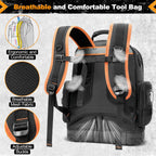 Tool Bag Backpack, 75 Pockets & Loops Heavy Duty Tools Organizer Bags/HVAC Tool Carrier for Eelectrician/Construction Work with Molded Base and Combination Lock, Large, Black and Orange