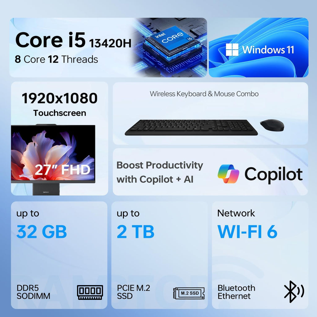 Lenovo IdeaCentre I Premium Business All-in-One  Next Gen AI  27" FHD Touchscreen 100Hz  i5-13420H  32GB DDR5 RAM  1TB SSD  Wi-Fi 6  Wireless KB &M  W11H  Bundle with ADATA 64GB USB Flash Drive