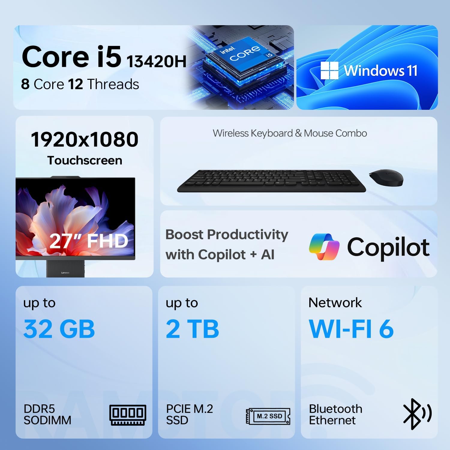 Lenovo IdeaCentre I Pro Business All-in-One  Next Gen AI  27" FHD Touchscreen 100Hz  i5-13420H  16GB DDR5 RAM  1TB SSD  Wi-Fi 6  Webcam  Wireless KB &M  Bundle with ADATA 64GB USB Flash Drive