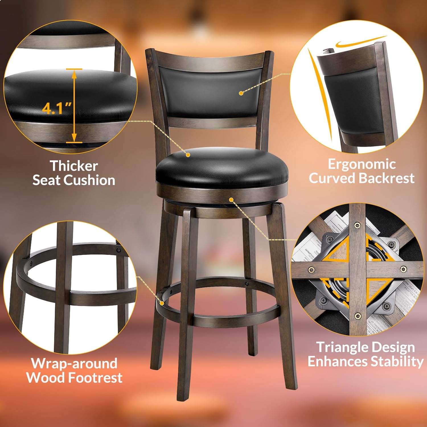 PrimeZone Swivel Bar Stools Set of 3, 26 Inch Counter Height Barstools, Black Faux Leather Bar Stool with High Backrest & Solid Wood Legs & Wrap-around Footrest, Counter Stools for Kitchen Island, Pub