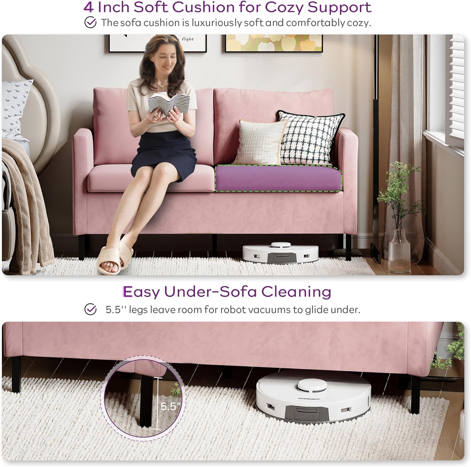 TYBOATLE Love Seat Mid Century Modern Small Loveseat for Living Room, 51" W Mini Little Upholstered 2-Seater Love Seats w/Iron Legs for Compact Small Space, Apartment, Bedroom, Dorm, Office (Pink)