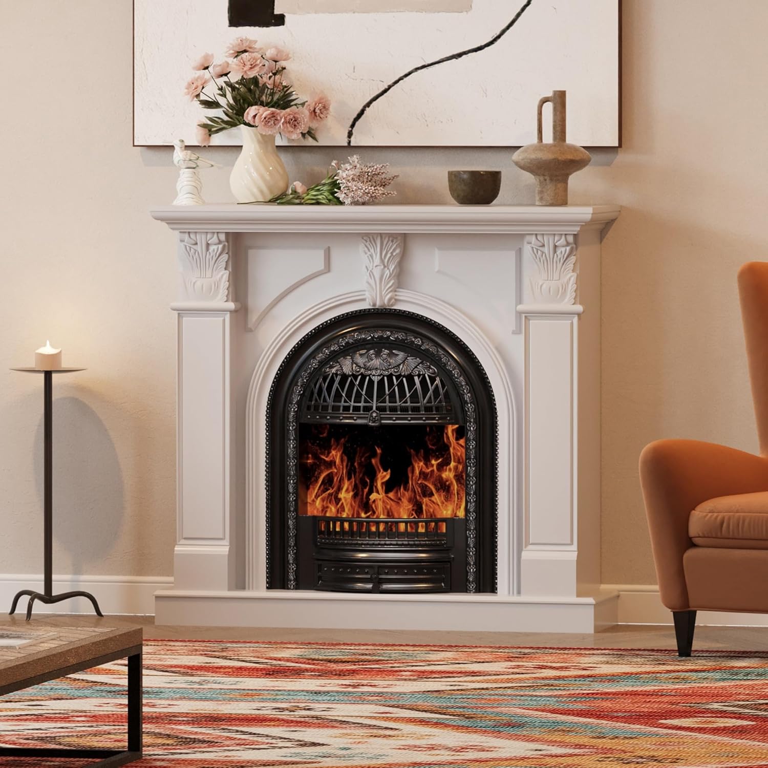 BLANKSPACE 48" Electric Fireplace with Mantel, Tv Stand with Black Birdcage Fire Place Heater and Carved Square Column Design Design for Living Room, Bedroom