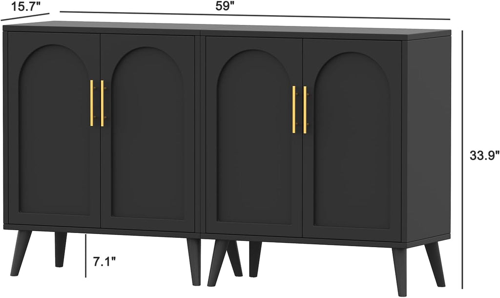 Rovaurx Set of 2 Storage Cabinet with 4 Doors, Modern Accent Bathroom Floor Cabinet, Buffet Cabinet Sideboard with Adjustable Shelves for Living Room, Entryway, Dining Room and Kitchen, Black