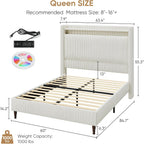 Queen Bed Frame with Tall Headboard, 55.3" Upholstered Platform Queen Size Bed Frame, Elegant Corduroy Wingback Bed with LED Lights & Charging Station, No Box Spring Needed, Solid Wood Slats, Cream