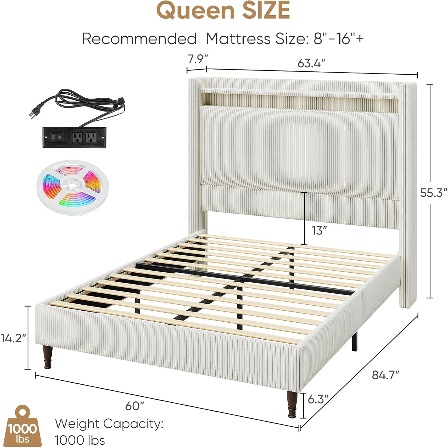 Queen Bed Frame with Tall Headboard, 55.3" Upholstered Platform Queen Size Bed Frame, Elegant Corduroy Wingback Bed with LED Lights & Charging Station, No Box Spring Needed, Solid Wood Slats, Cream