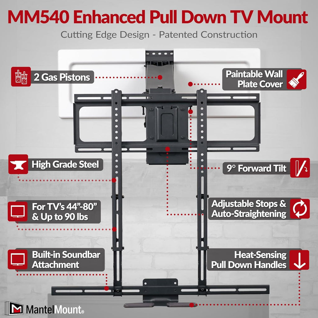 MantelMount MM540 - Above Fireplace Pull Down TV Mount for 44" to 80" Screen TVs to 90 lbs  with Patented auto-straightening  Adjustable Stops  Heat Sensor Handles & Paintable Covers