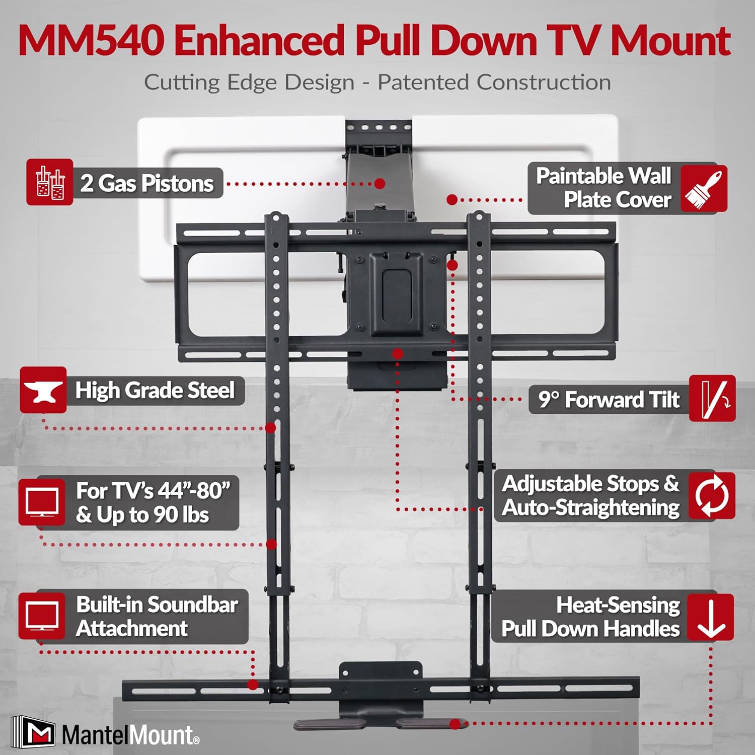 MantelMount MM540 - Above Fireplace Pull Down TV Mount for 44" to 80" Screen TVs to 90 lbs  with Patented auto-straightening  Adjustable Stops  Heat Sensor Handles & Paintable Covers