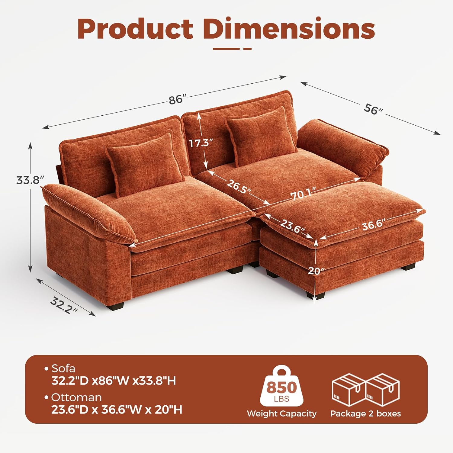 CDCASA 86" Modular Sectional Sofa, Comfy L-Shaped Cloud Couch with Movable Ottoman, 3-Seater Chenille Deep Seat Modern Sofa Couch for Living Room, Terracotta Orange