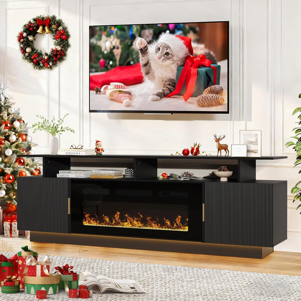 70” Fluted TV Stand with 36” Electric Fireplace, 2 Tier TV Console Cabinet with Storage Cabinet, LED Lights, Power Outlet, Modern Wood Entertainment Stand Fits TVs up to 80" for Living Room (Black)