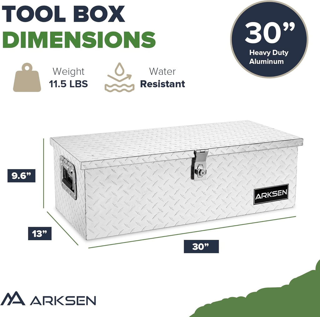 ARKSEN 30 x 13 x 10 Inch Diamond Plate Truck Bed Tool Box, Heavy Duty Waterproof Aluminum Toolboxes Storage Chest with Side Handle & Lock for Pickup Truck Bed, RV & Trailer – Silver