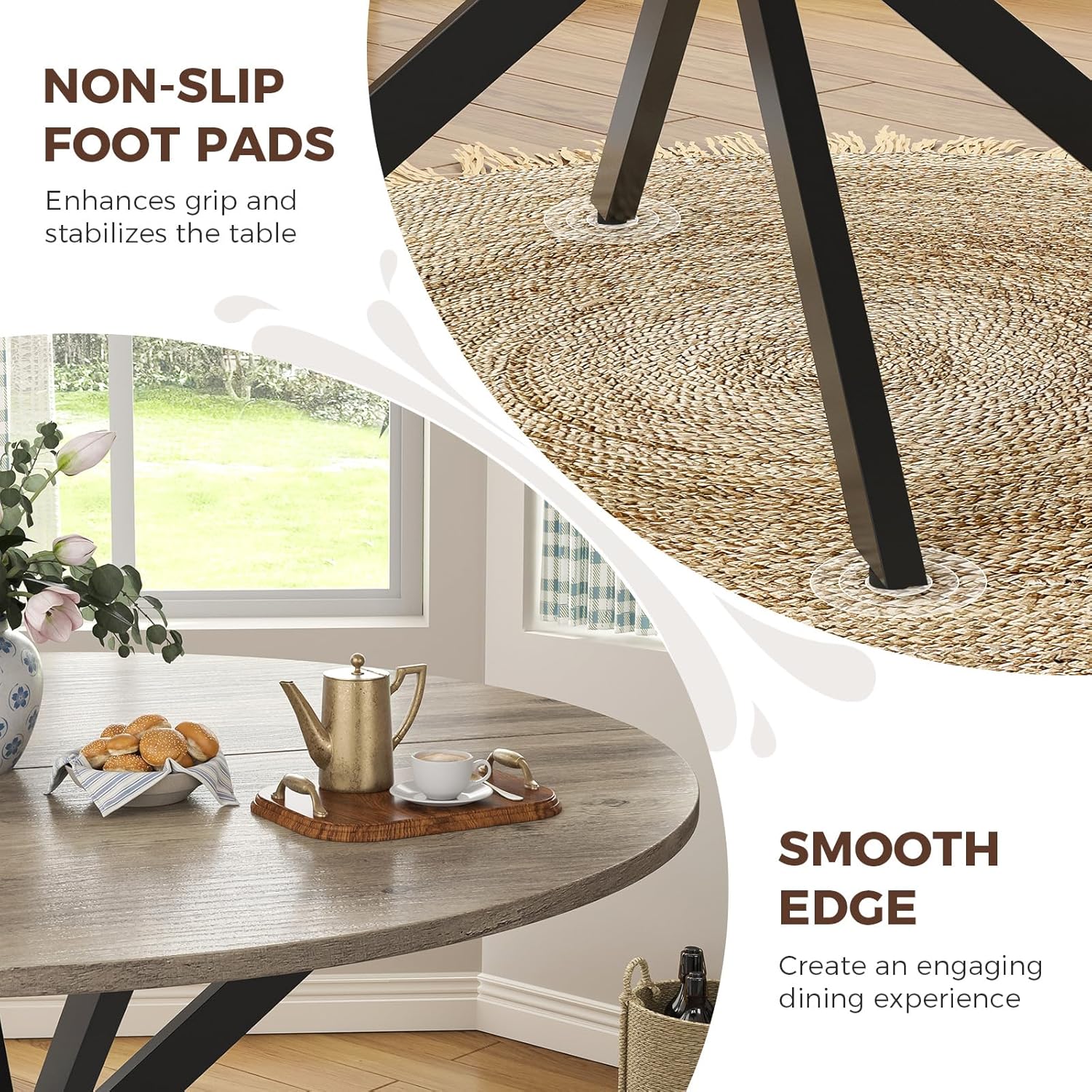 Unovivy 47 Inch Round Dining Table for 4, Space Saving Circle Dining Table with Pedestal Metal Frame, Farmhouse Wood Round Kitchen Table for Living & Dining Room, Light Ivory