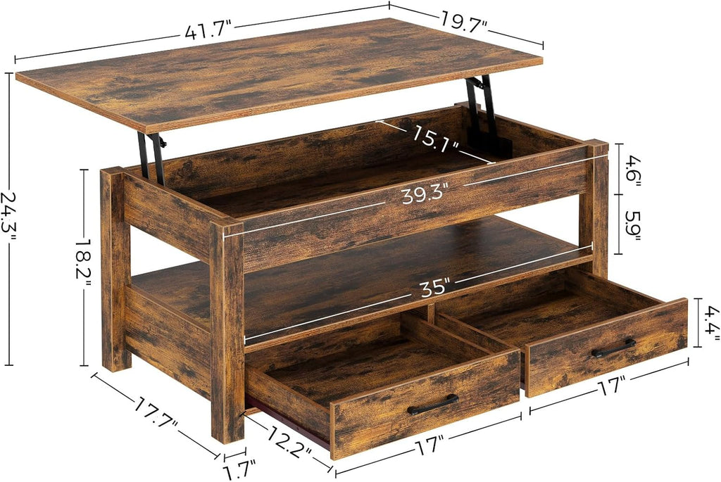Rolanstar Coffee Table, Lift Top Coffee Table with Drawers and Hidden Compartment, Retro Central Table with Wooden Lift Tabletop, for Living Room,Rustic Brown