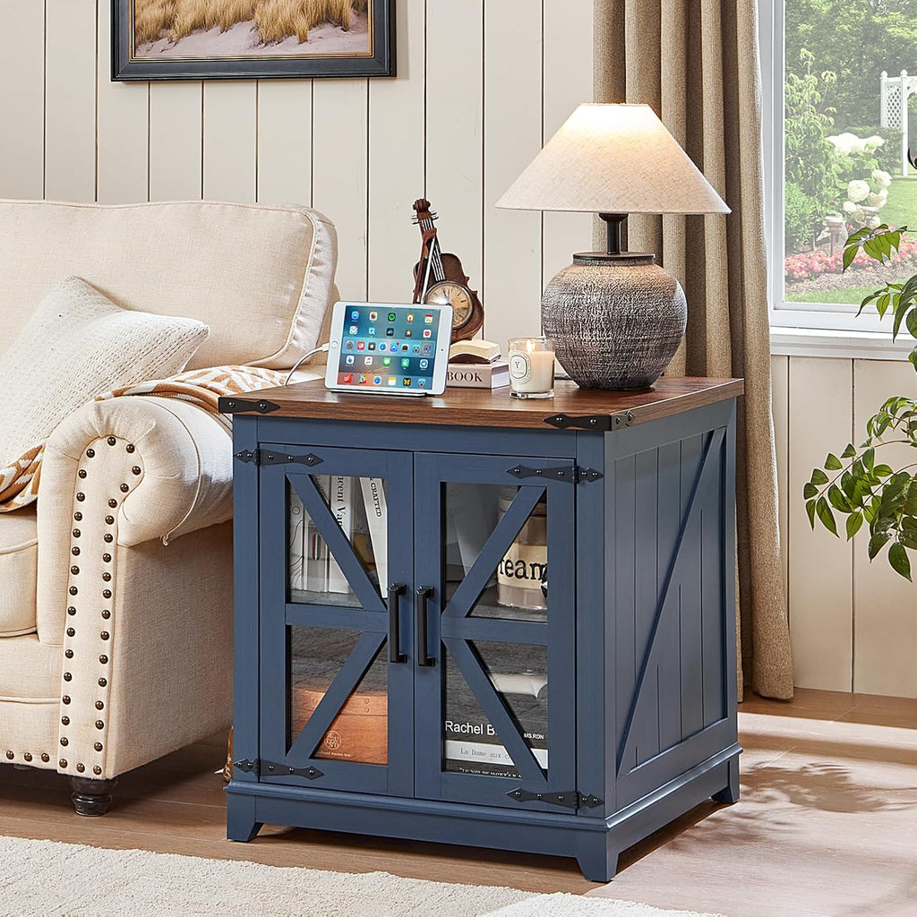 Farmhouse End Table Set 3, Narrow 18'' Night Stand with Glass Barn Door, 24" Square Side Table with Charger Station, Living Room Furniture Sets, Wood Nightstand Bedside Tables for Bedroom
