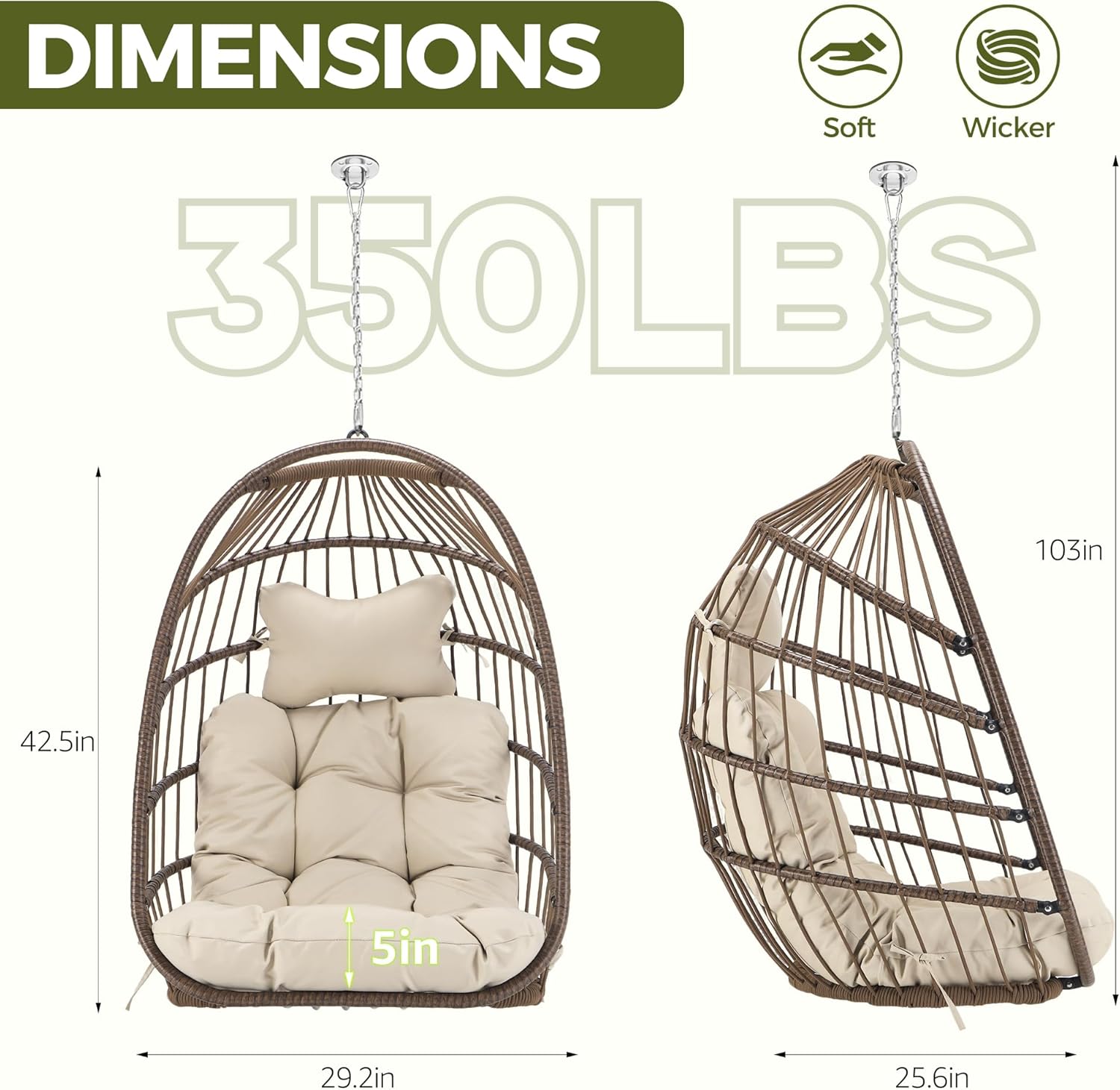RADIATA Outdoor Hanging Egg Chair Without Stand, Foldable Wicker Rattan Ceiling Swing Chair with Padded Cushion, 350Lbs Heavy-Duty Egg Shell Hammocks for Tree Patio Balcony Garden Indoor, Brown
