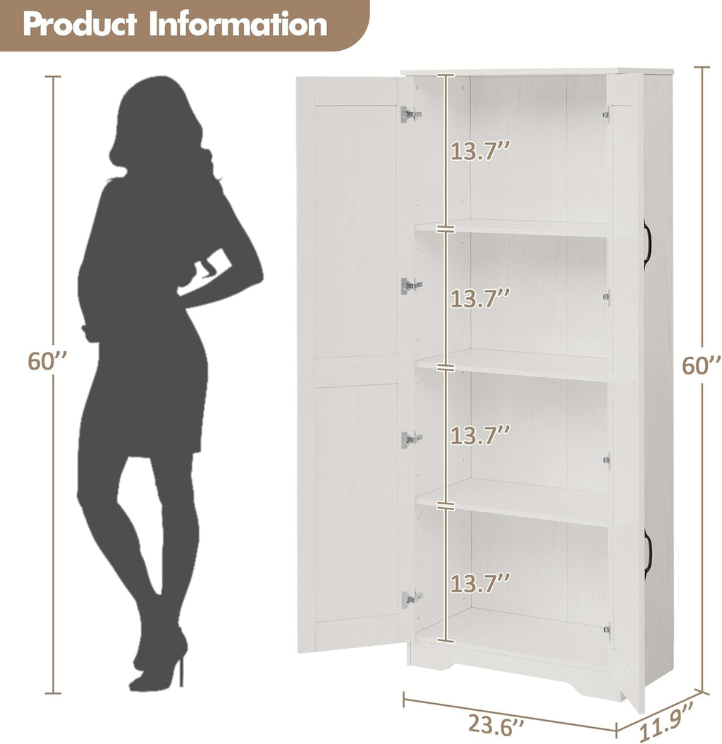 IDEALHOUSE Tall Pantry Cabinet, 60" Kitchen Pantry Storage Cabinet with 2 Doors and Adjustable Shelves, Freestanding Kitchen Cabinet, Cupboard for Dining Room, Bathroom (White)