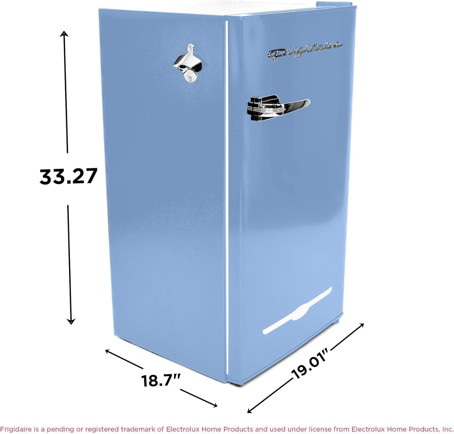 Frigidaire Retro Compact Fridge with Chiller, 3.2 cu ft Countertop Fridge with Built-In Bottle Opener, Compact Refrigerator for Office, Bedroom, Dorm Room or Cabin - 16.5" D x 19" W x 31" H (Blue)