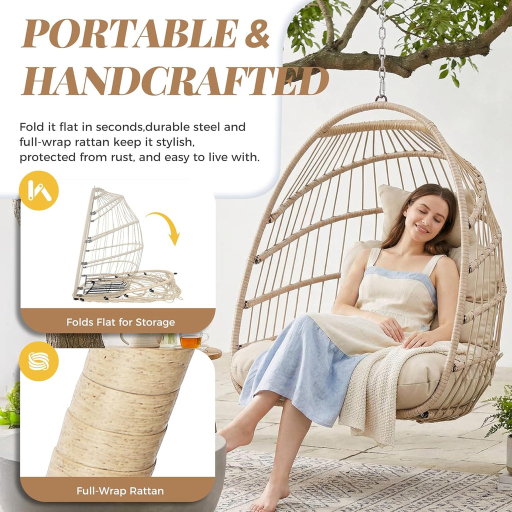 BULEXYARD Outdoor Patio Egg Chair Without Stand, 350 Lbs Foldable Rattan Swing with Comfy Cushion, Relaxing Boho Hanging Hammock Basket Seat for Bedroom Balcony Backyard Tree Indoor Mount, Beige