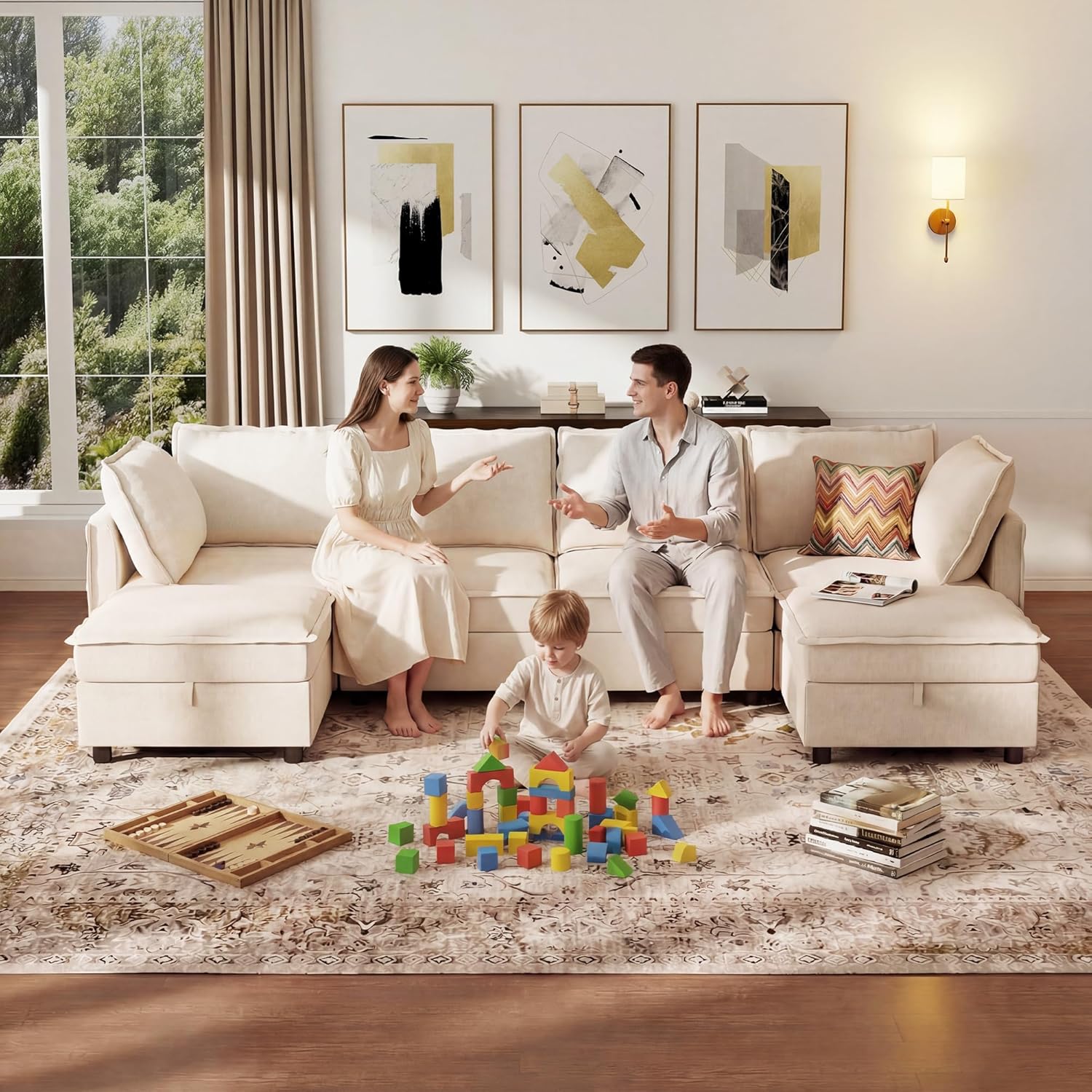 Ihanherry 129.6” Modular Sectional Sofa with Storage, U Shaped Couch for Living Room, 6-Seat Chenille Deep Seat Sofa with Movable Ottoman, Convertible Couches for Bedroom and Apartment .Beige