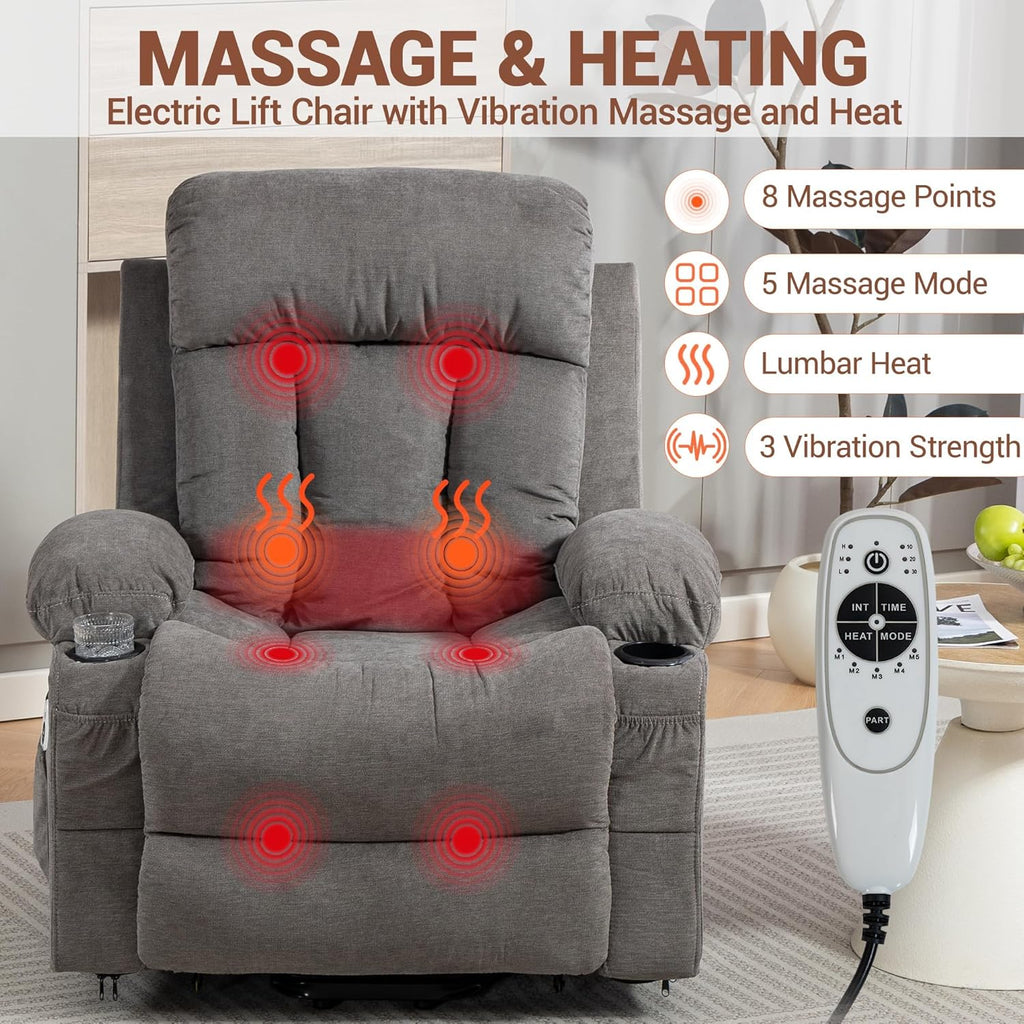 Lift Chair for Elderly with 8 Vibration Points Massage and Heat, Power Electric Recliner Featuring Cup Holders Side Pockets & USB Charge Port for Living Room, Gray