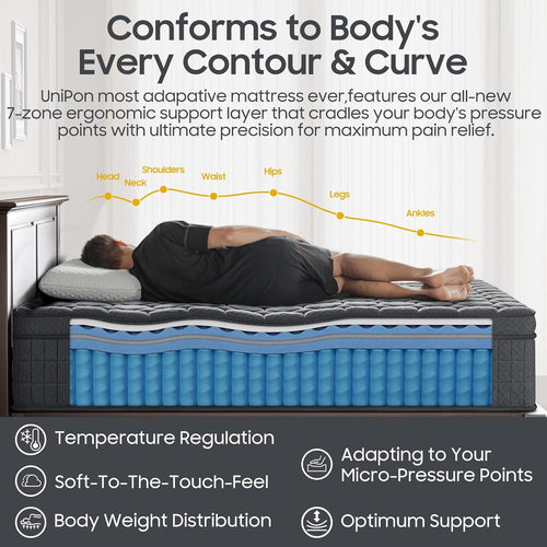 12 inch Firm Queen Mattress, Hybrid Mattress with Extra Back and Lumbar Hip Support, Pressure and Back Pain Relief, Fiberglass Free, 365 Nights Trial,10 Years Warranty