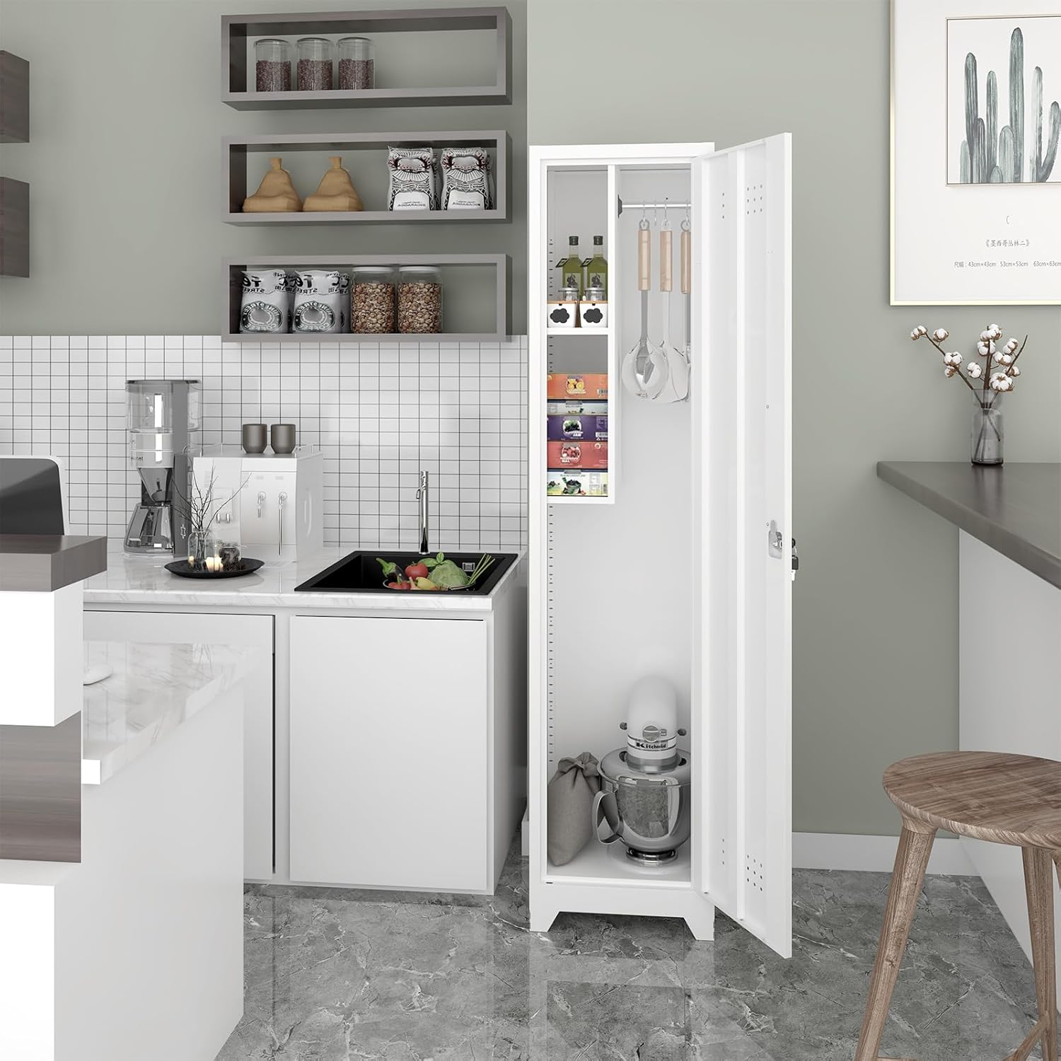 Metal Garage Storage Cabinet,Broom Closet Storage Cabinet,Utility Closet Cabinet for Broom,Garage,Kichen,White
