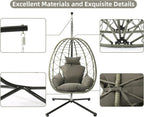 LEX CRAFT Egg Chair with Stand, Swing Chair Hanging Chair Nest Basket, UV Resistant Removable & Washable Cushions,350LBS Capacity for Bedroom, Balcony, Garden(GR-GR)