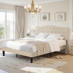VECELO Queen Size Platform Bed Frame with Fabric Upholstered Headboard and Wooden Slats Support, No Box Spring Needed/Easy Assembly,Beige