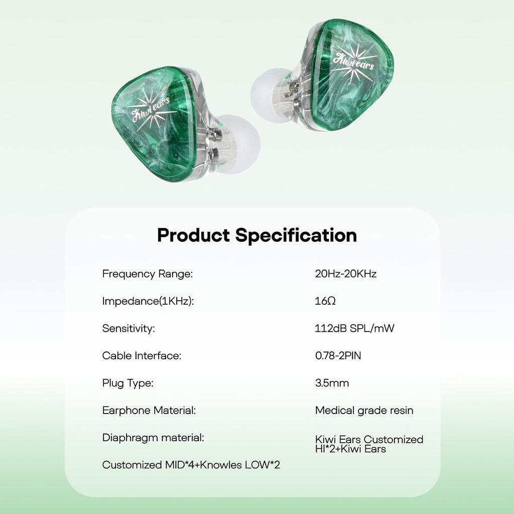 Linsoul Kiwi Ears Orchestra Lite Performance Custom 8BA in-Ear Monitor IEM with Detachable 4-core 7N Oxygen-Free Copper OFC Cable  Handcrafts Faceplate for Audiophile Studio Musician (Green)