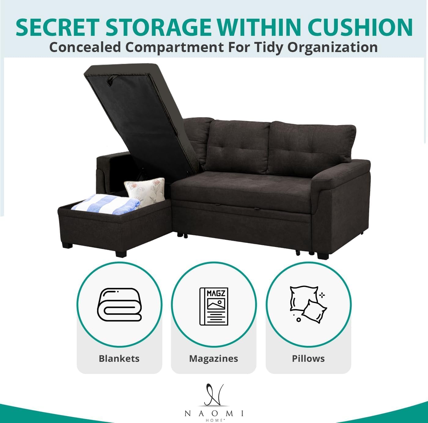Multifunctional Sectional Sofa with Pull-Out Sleeper Bed & Hidden Storage – Reversible Chaise Espresso,Velvet – Space-Saving, Durable, Stylish & Easy DIY Assembly for Apartments & Small Homes