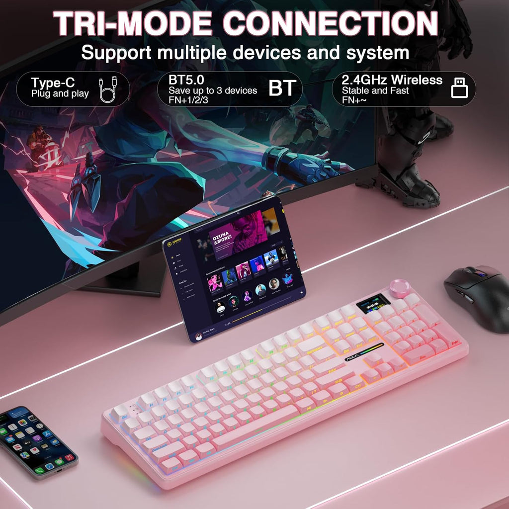 AULA F108 PRO - Wireless Mechanical Keyboard with Screen & Knob,Full Size Keyboard with 8000mAh Battery,Pre-lubed Switches,Side Printed PBT Keycaps,RGB Backlit Hot Swappable Custom Pink Keyboards