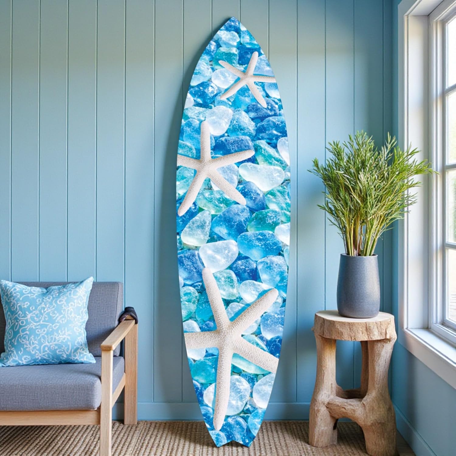 Starfish and Seaglass Decorative Surfboard, Blue Ocean Theme, Premium PVC, Indoor Outdoor Safe, CNC Machine Cut, Made in USA