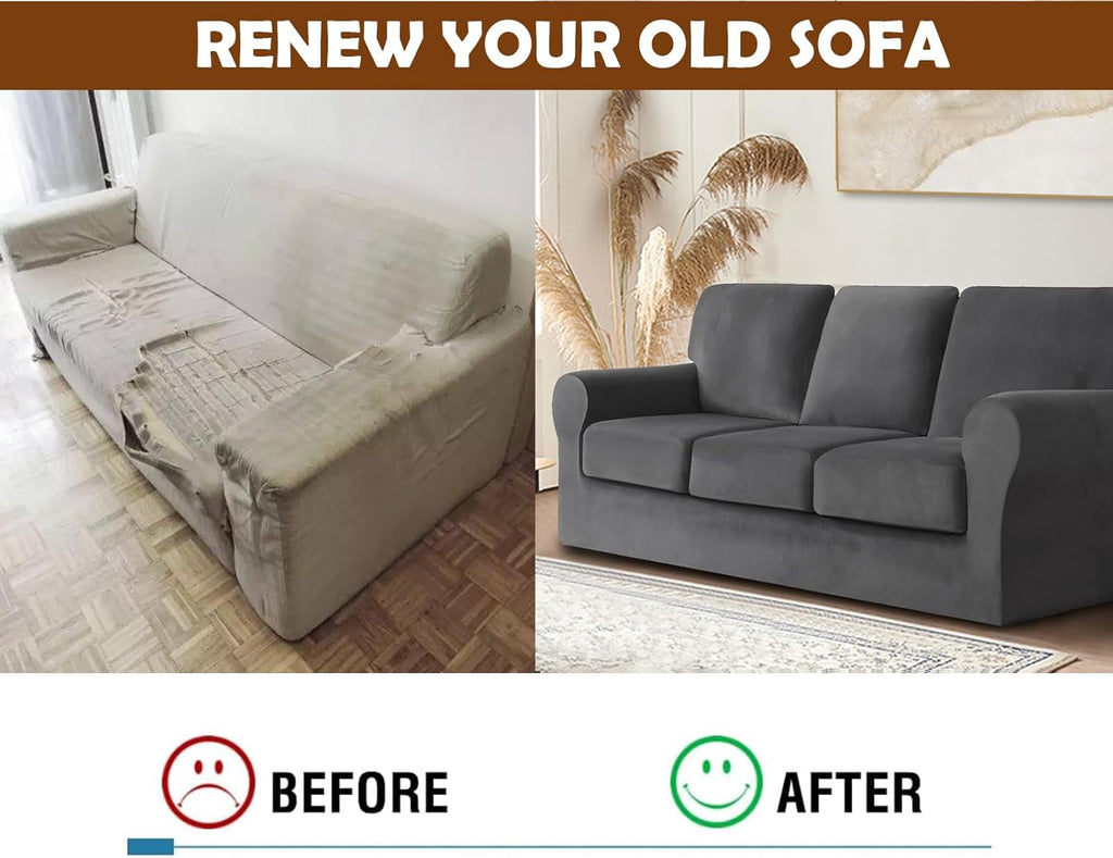 7 Pieces Velvet High Stretch Sofa Covers for 3 Cushion Couch Sofa Slipcovers, Washable Furniture Protector with Drawstring Anti-Slip Bottom, Soft and Plush Fabric for Kids and Pet (Dark Gray)