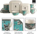 222 Fifth Adelaide Turquoise 16-Piece Porcelain Dinnerware Set | Microwave and Dishwasher Safe Dining Set for 4 | Stackable and Chip-Resistant Plates Bowls and Cups | Gift for Housewarming & Wedding
