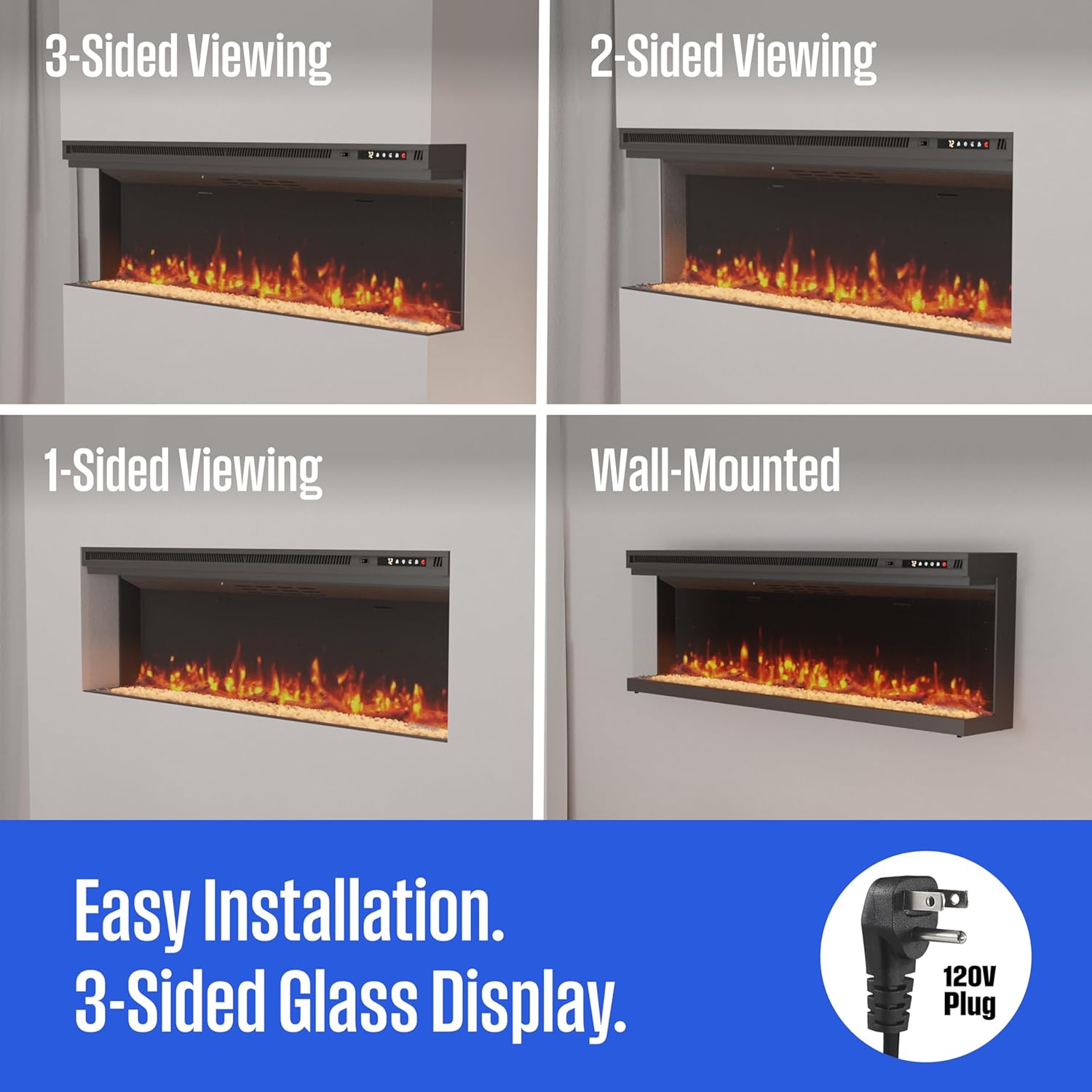 Westinghouse 50inch Electric Fireplace, Realistic Flame&Log Set, Compatible with Alexa & Google Home, Wall Mount or Recessed, 24 Hour Timer, Color Changing Flames, 750W/1500W Indoor Heater (50inch)