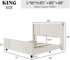 AMERLIFE King Size Bed Frame, Velvet Upholstered Platform Bed with Vertical Channel Tufted Headboard & Footboard/Wingback, Mattress Foundation with Wood Slats, No Box Spring Needed, Cream