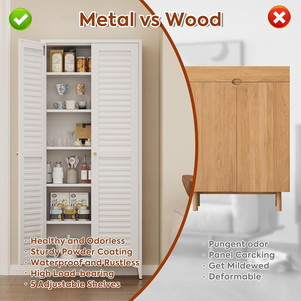 Metal Kitchen Pantry Cabinet with 2 Doors,Metal Pantry Cabinet with 5 Adjustable Shelves for Kitchen,Home,74.2" H × 31.5" W × 15.75" D,Required Assembly, White