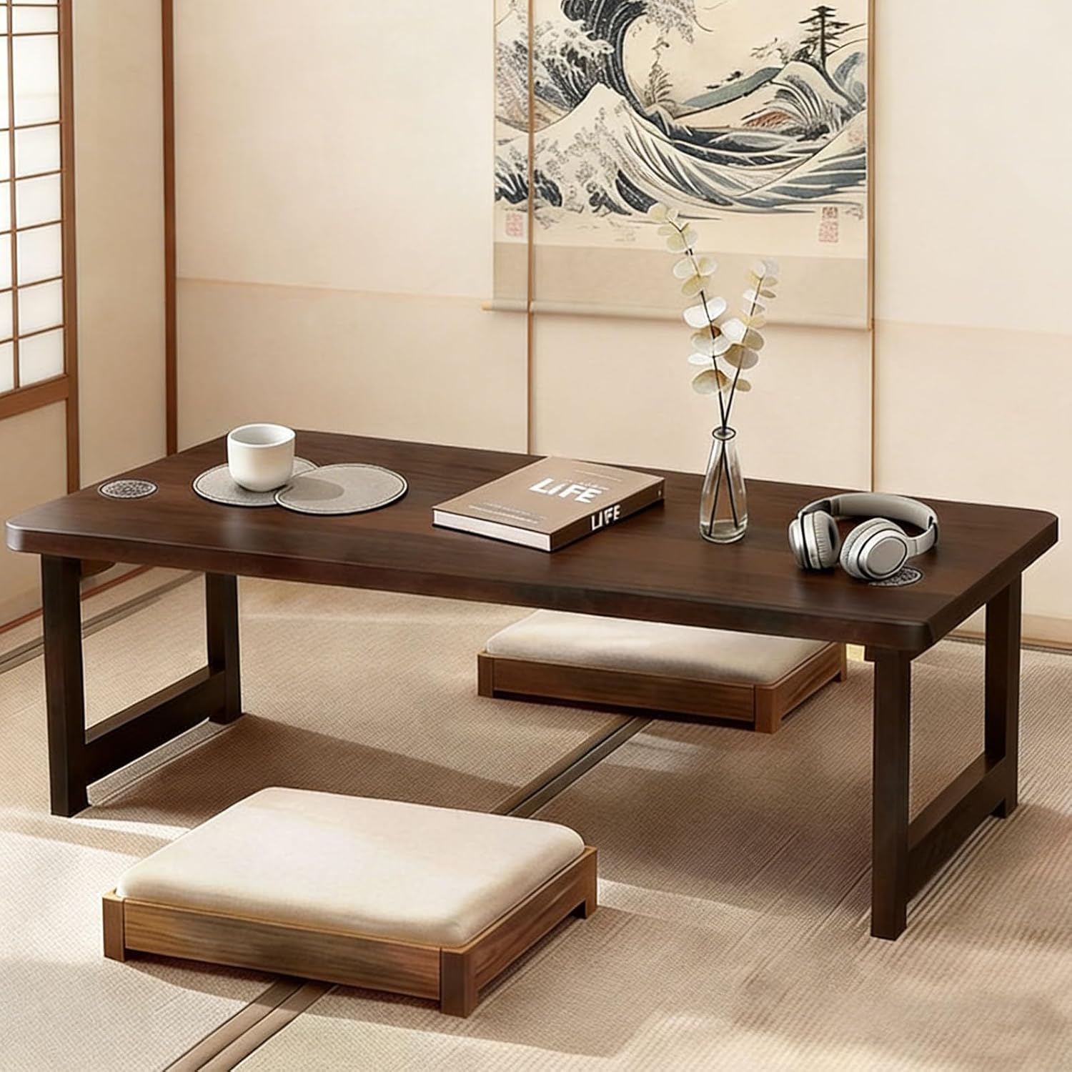 Japanese Folding Table Bamboo Japanese Floor Table Portable Solid Wood Folding Coffee Table,No Assembly Japanese Coffee Table for Sitting on The Floor,Easy Storage