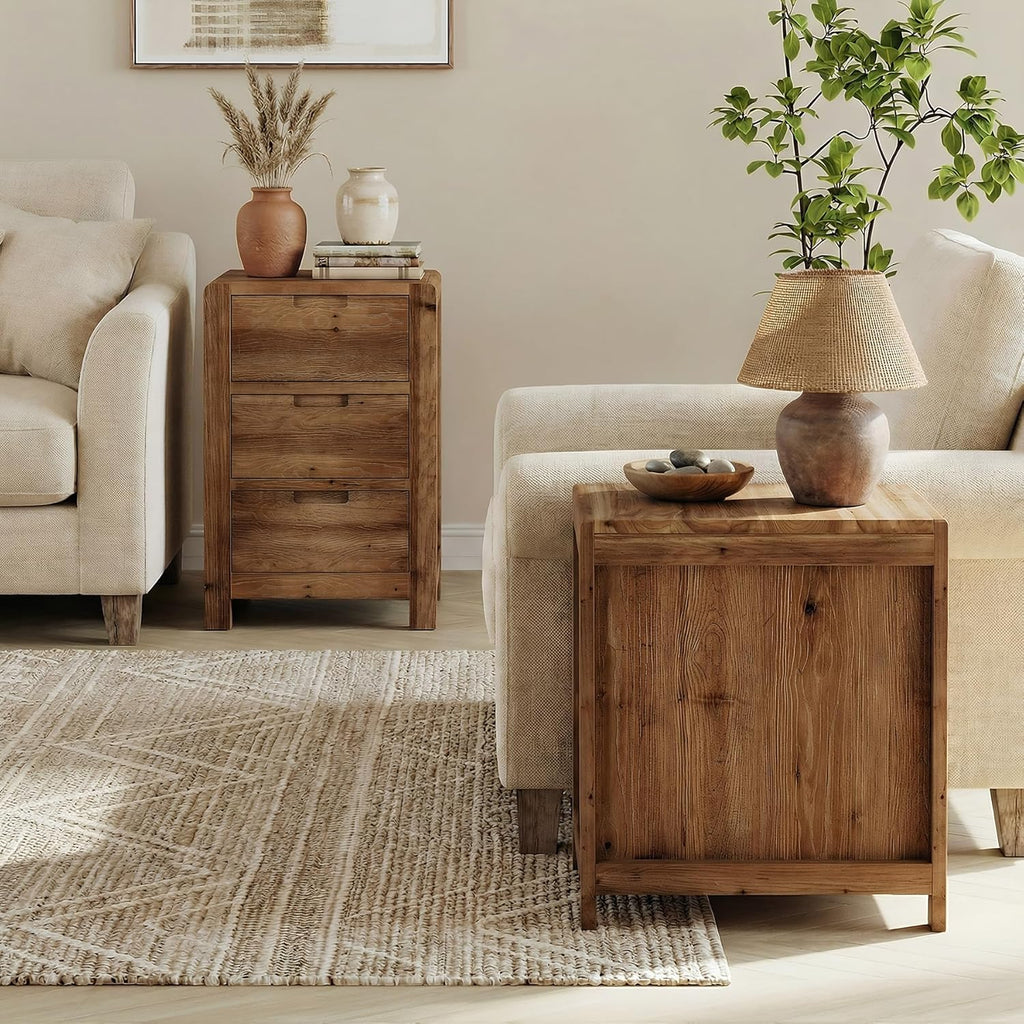 LITTLE TREE 3-Drawer Real Wood End Table Set 2, Narrow Side Table with Storage Drawers, Solid Wood Sofa Side Table for Living Room, Slim Nightstand Bedside Table for Bedroom, Natural Wood Color